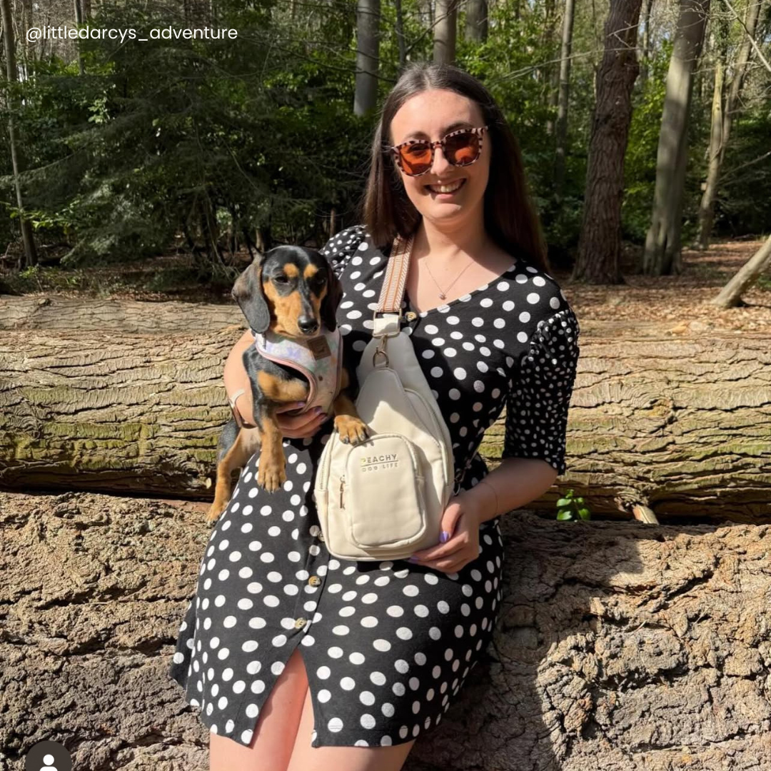 Girl wearing the new dog walking bag