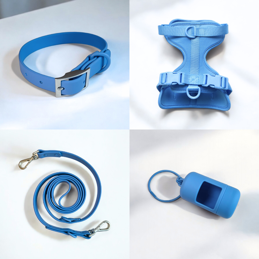 Matching blue dog harness bundle includes a harness, lead, collar and poop bag dispenser